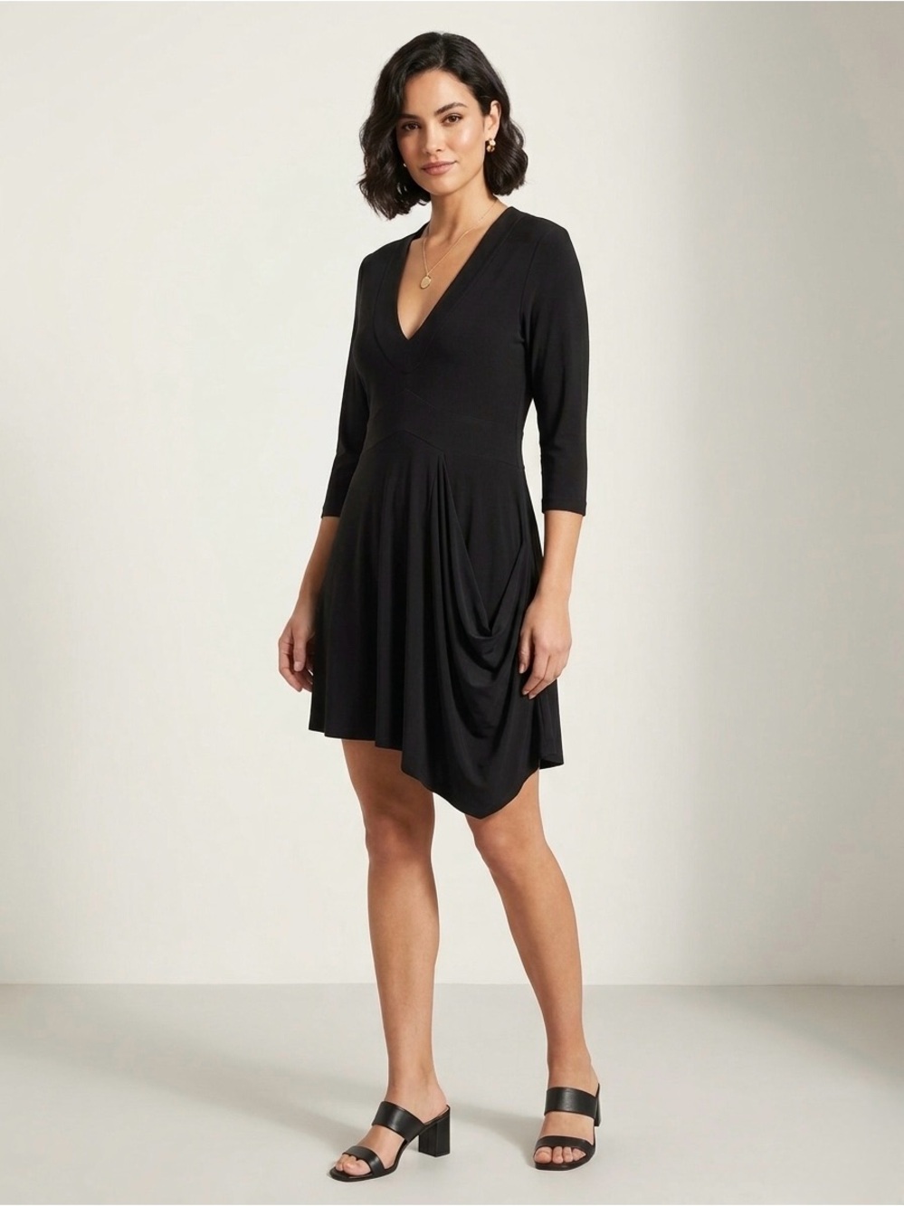 Sympli Asymmetrical Draped Pocket Dress Black V-Neck 3/4 Sleeve Size 10 Canadian